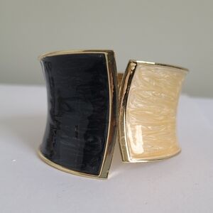Vintage Chunky Asymmetrical Boho Gold Black Enamel Hinged Cuff Party Bracelet